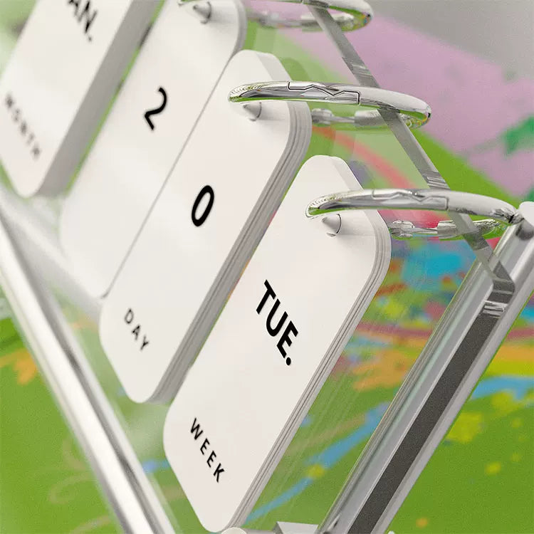 Close view of the calendar cards hanging from individual metal rings