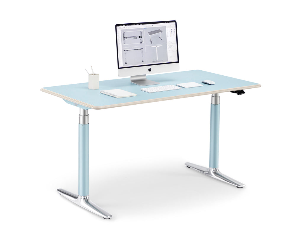Clear Sky Blue Ease Standing Desk arranged as a complete workstation