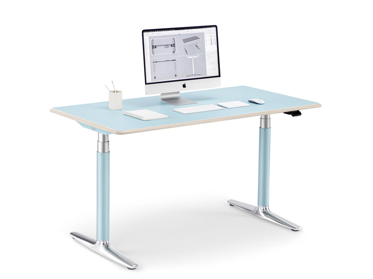 Clear Sky Blue Ease Standing Desk arranged as a complete workstation