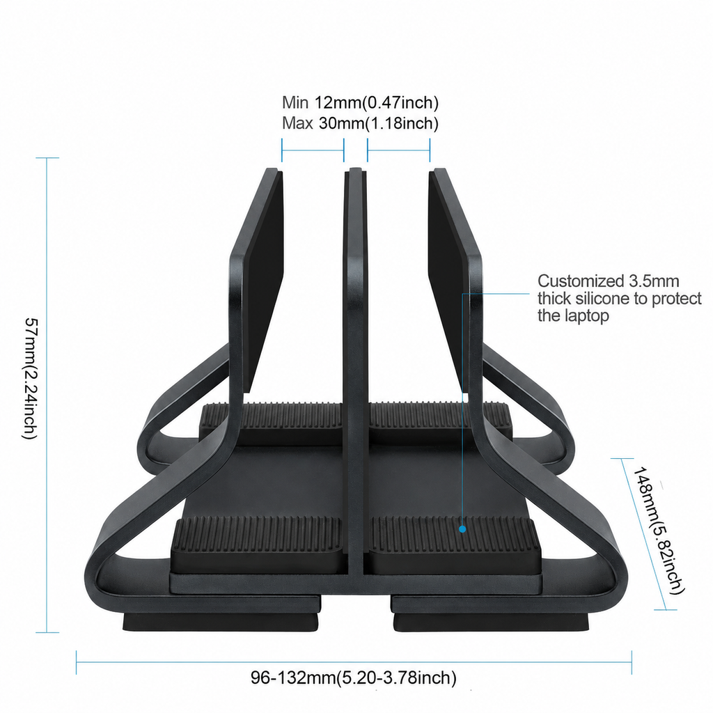 Vertical Laptop Stand — 12–30 mm adjustable fit