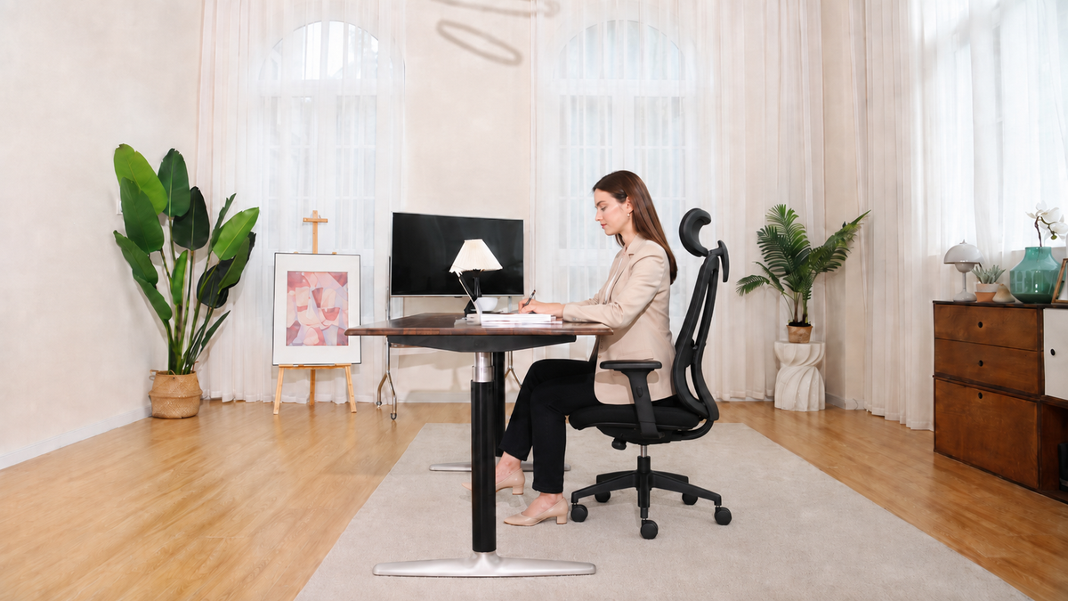 European woman seated at the black-frame solid walnut standing desk