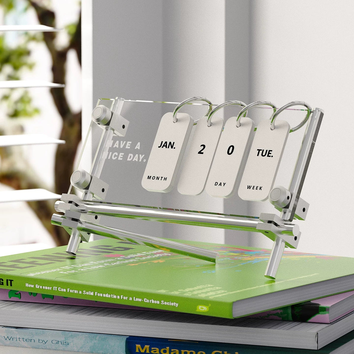 Clear acrylic desk calendar with manually flipped date cards
