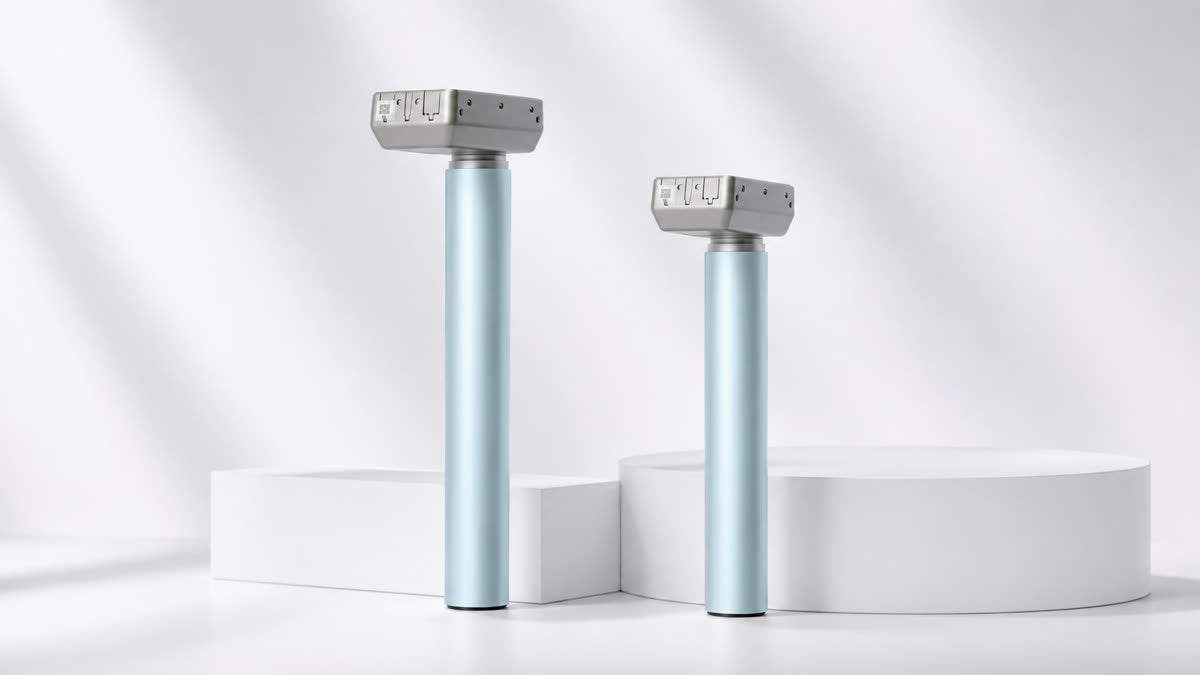 Pair of Clear Sky Blue lifting columns with integrated motor housings