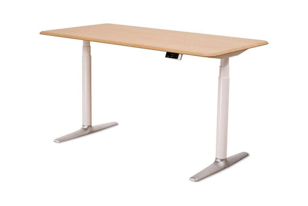 Essential One Standing Desk, white frame and oak top, front view
