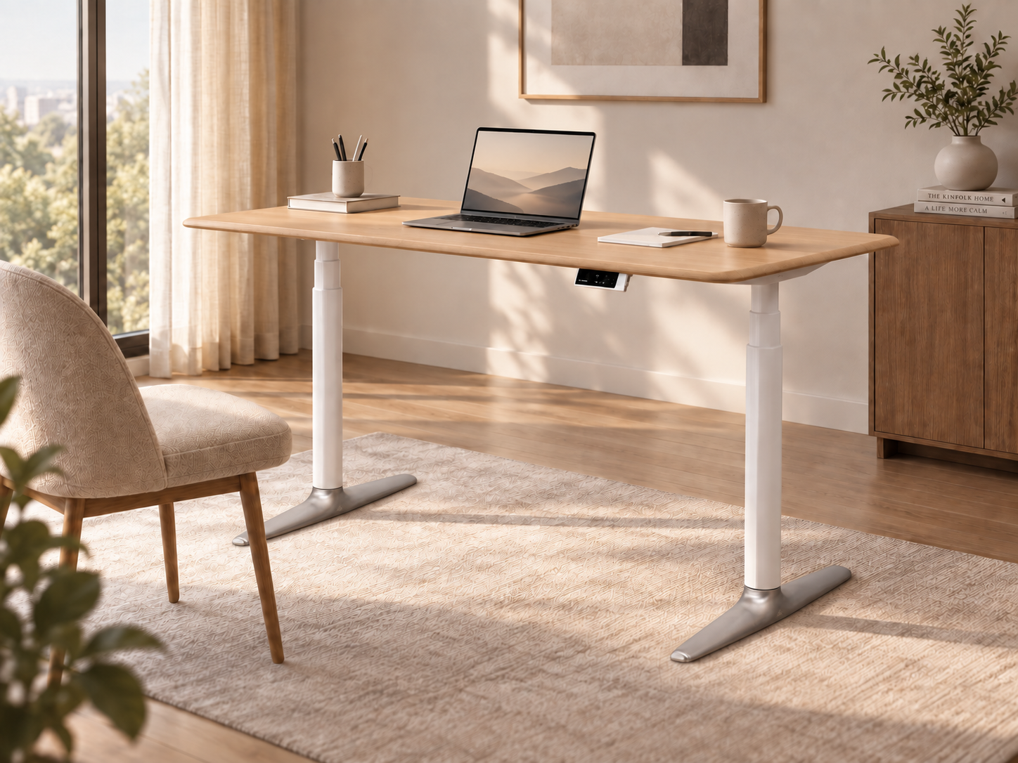 Essential One Standing Desk in a warm home workspace beside a window