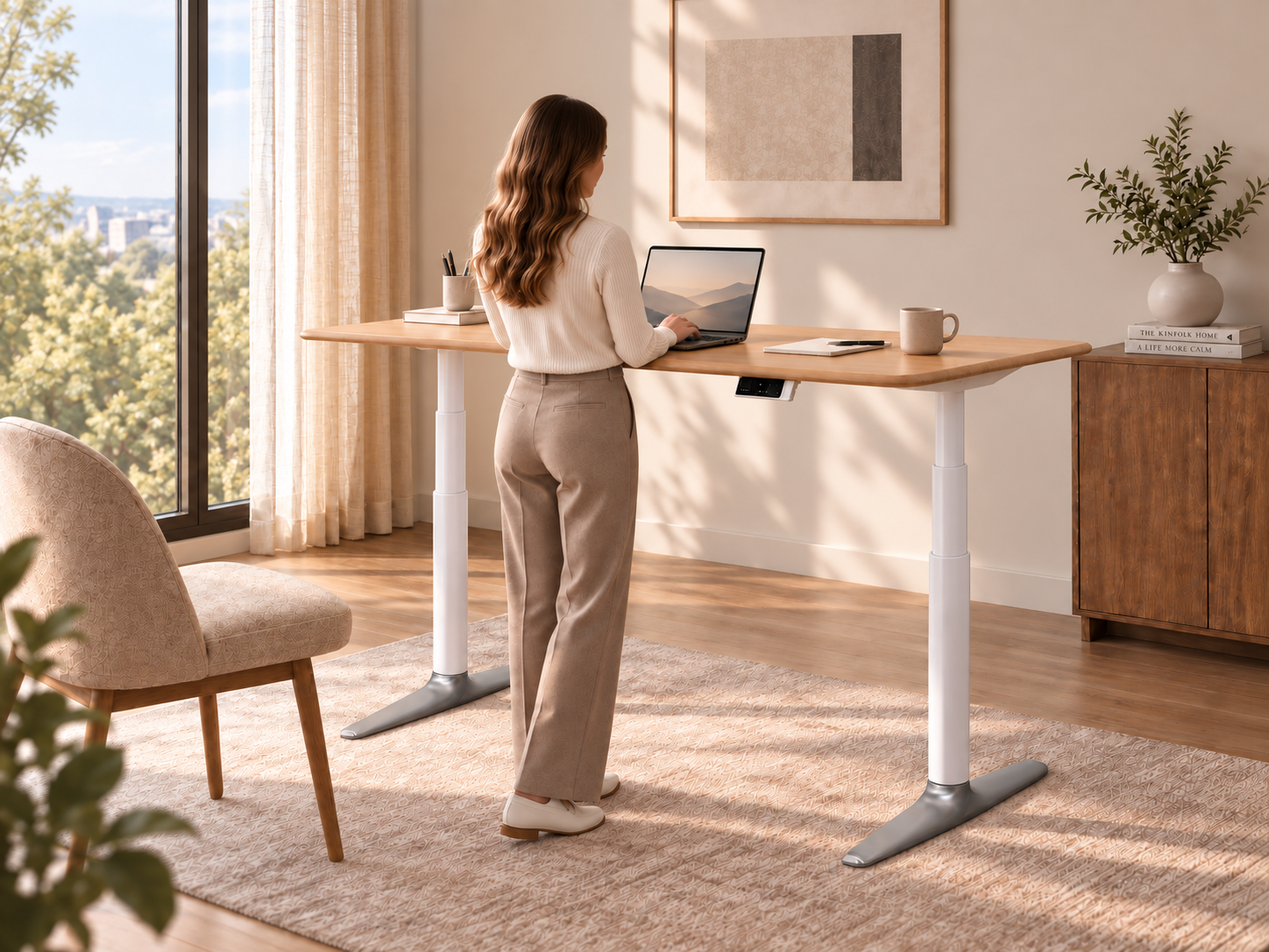Person working at the Essential One Standing Desk in a warm home interior