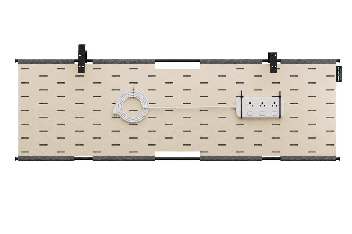 Khaki felt cable management panel with power strip and coiled cable