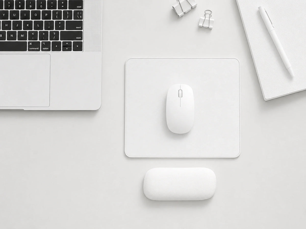 White mouse wrist rest arranged below a mouse pad in a monochrome desk setup