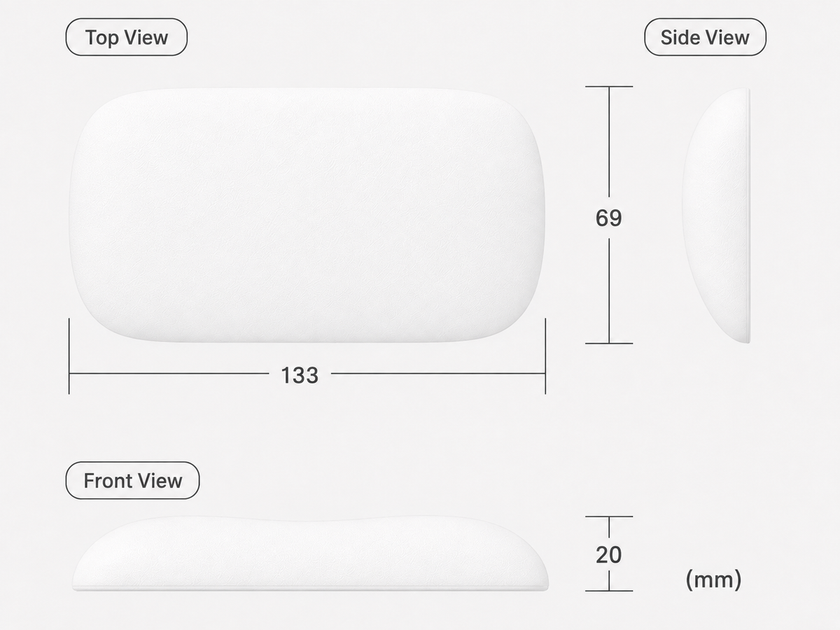 Top, side, and front views of the white mouse wrist rest with dimensions in millimeters