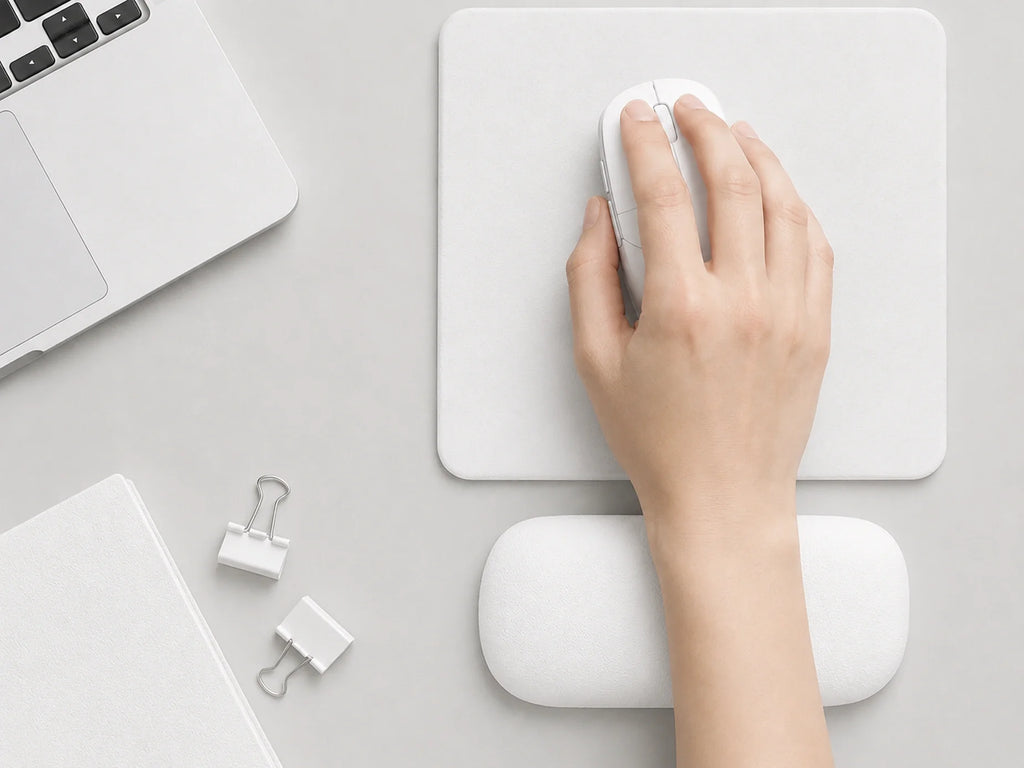 White mouse wrist rest supporting a forearm during mouse use