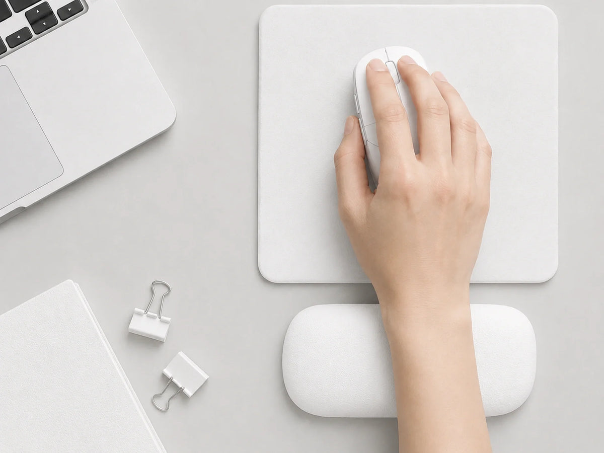 White mouse wrist rest supporting a forearm during mouse use