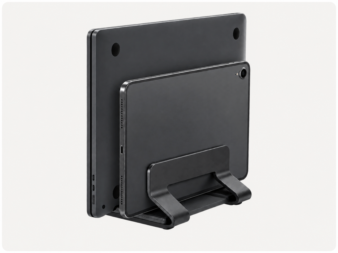 Vertical Laptop Stand — clean dual-device docking setup