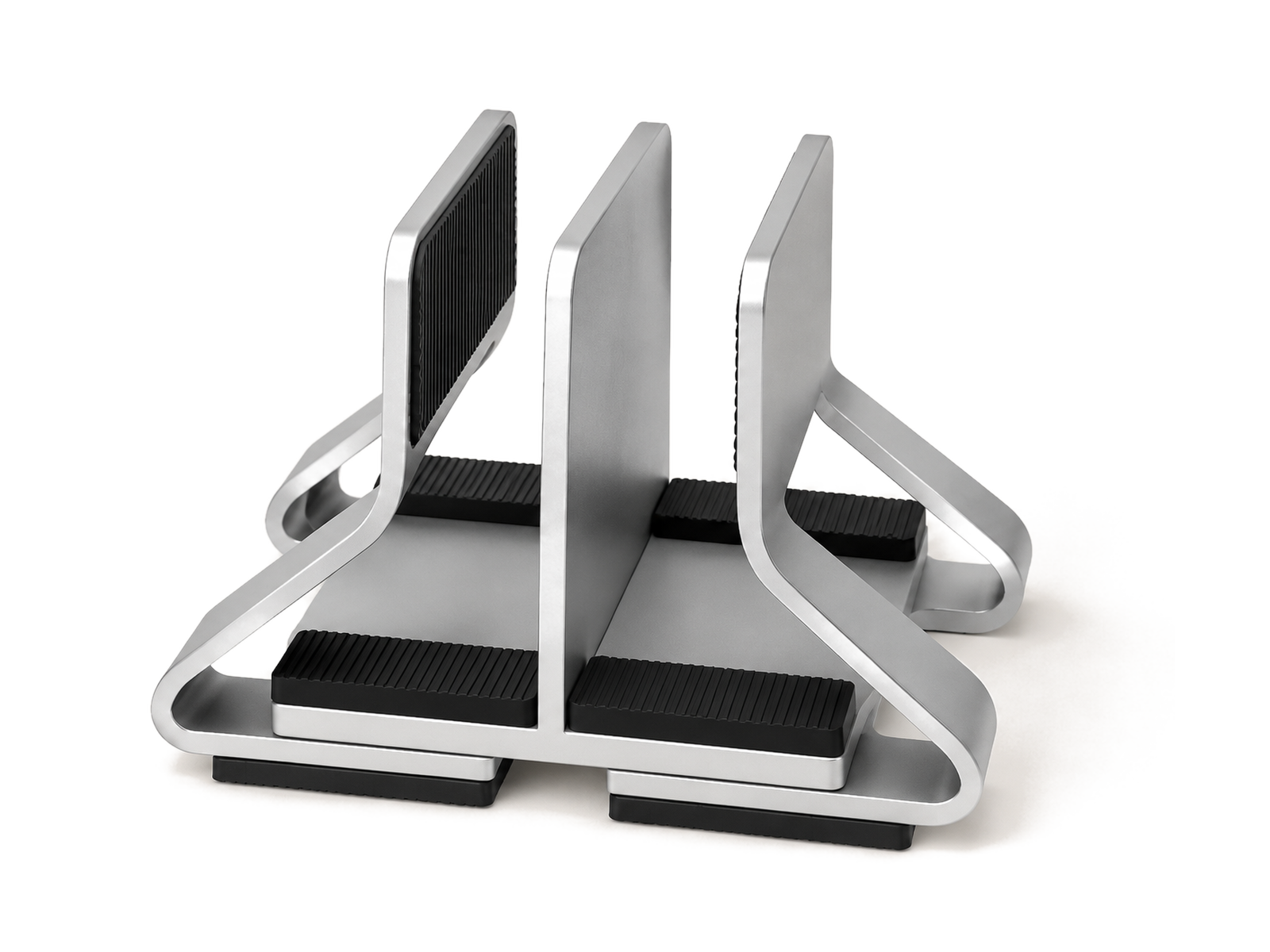 Two-device aluminum laptop stand shown without dimension labels