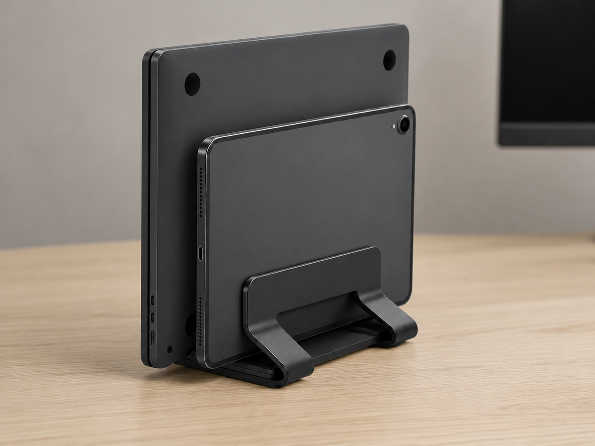 Laptop and tablet docked upright beside a desktop monitor