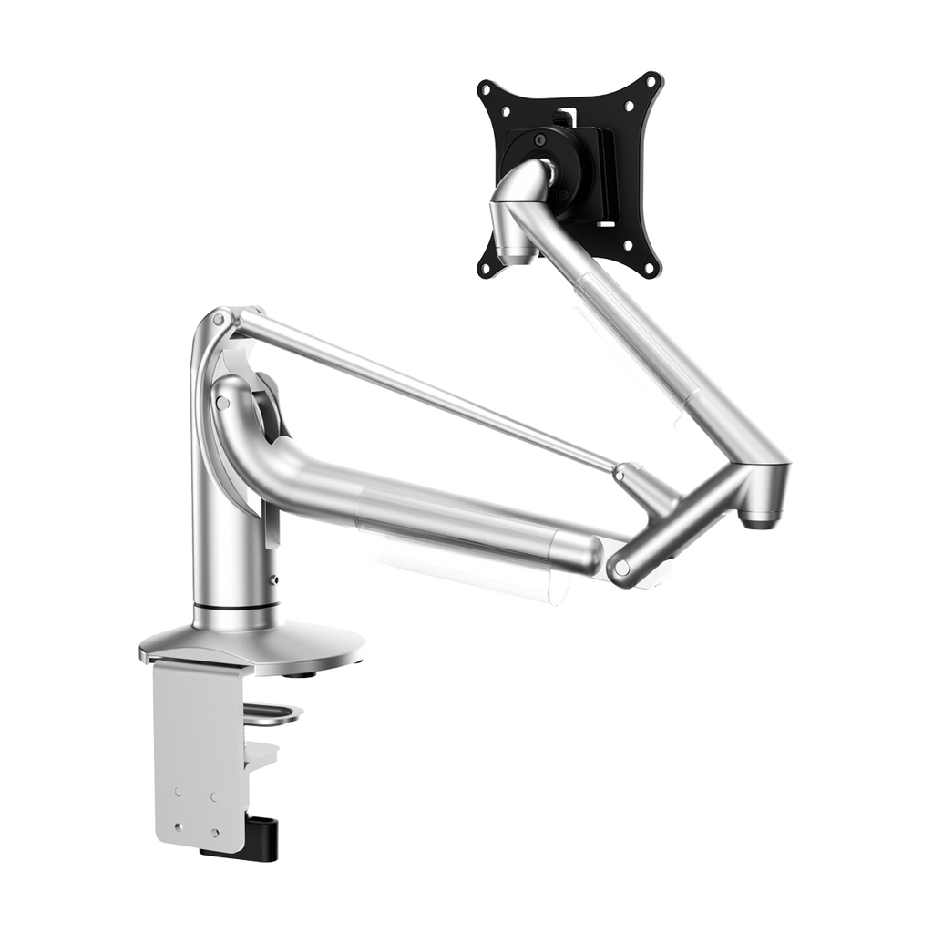 Deskmith silver single-monitor arm with desk-clamp base
