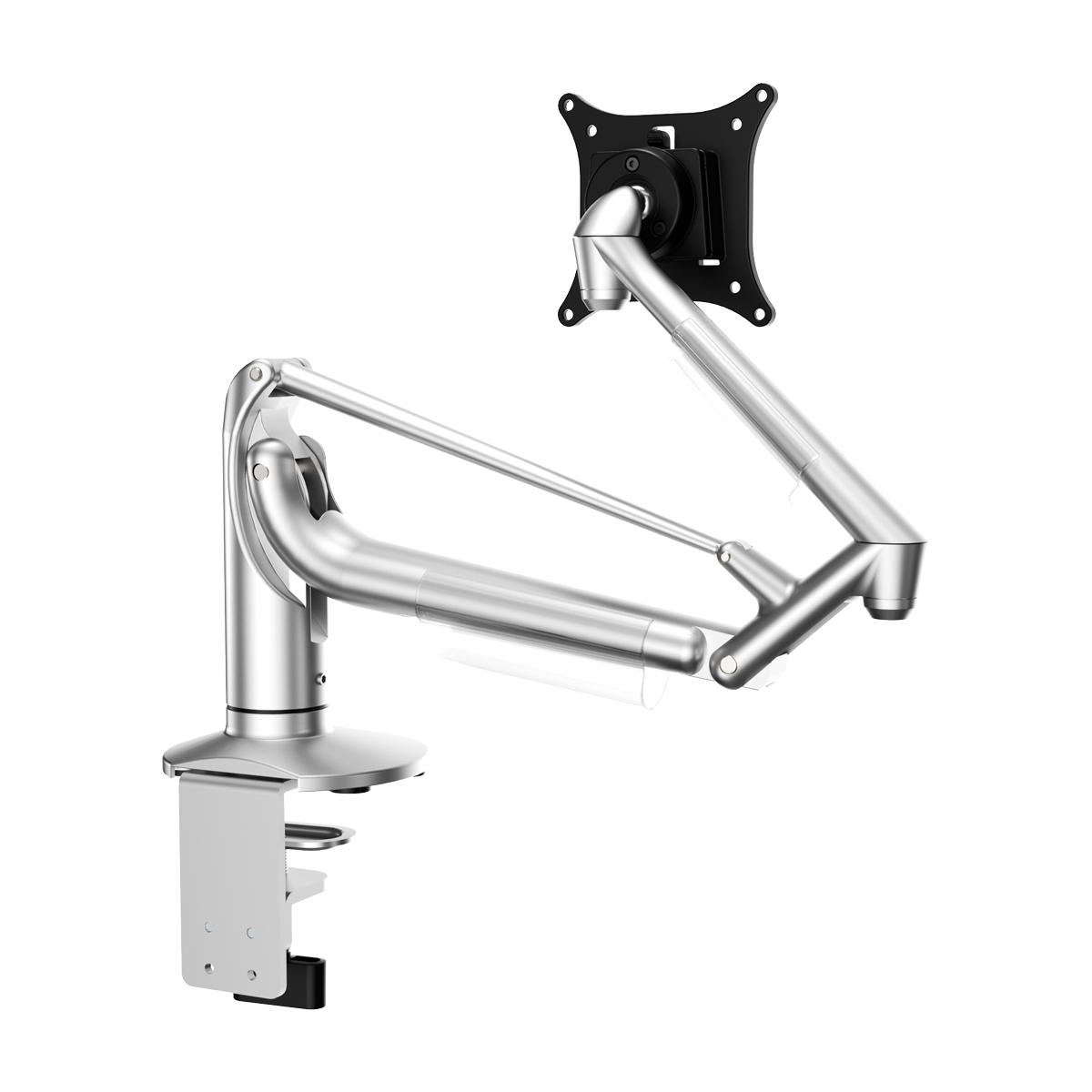 Deskmith silver single-monitor arm with desk-clamp base