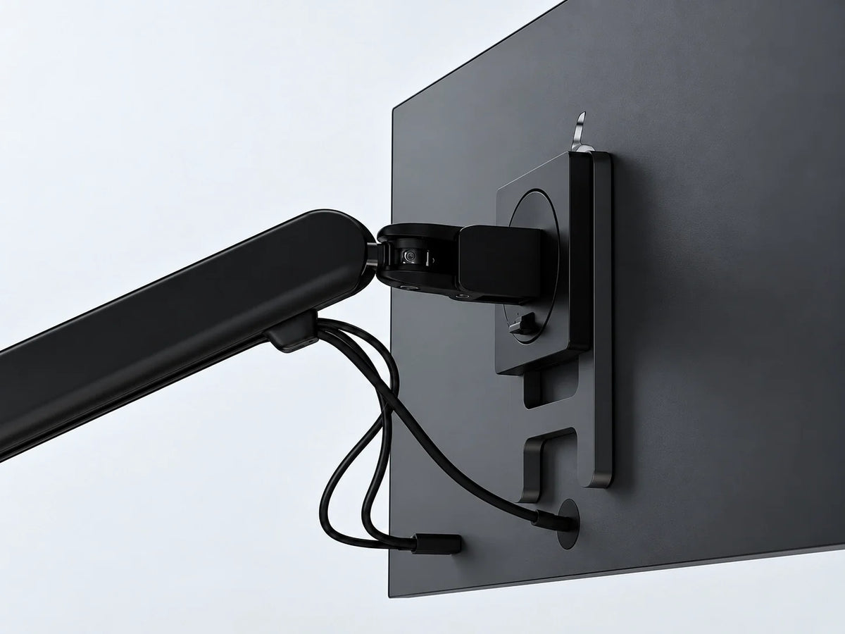 M2 black single-monitor arm desk clamp and rear connection detail