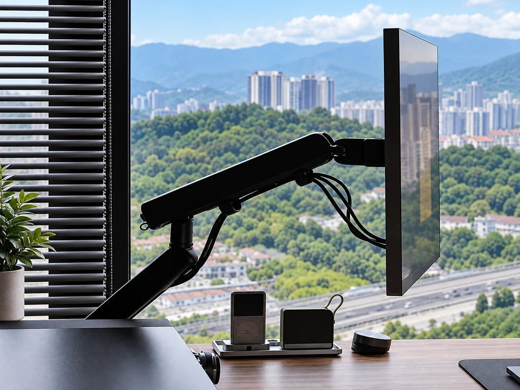M2 black single-monitor arm at a desk workspace