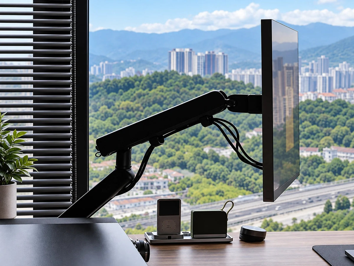 M2 black single-monitor arm at a desk workspace