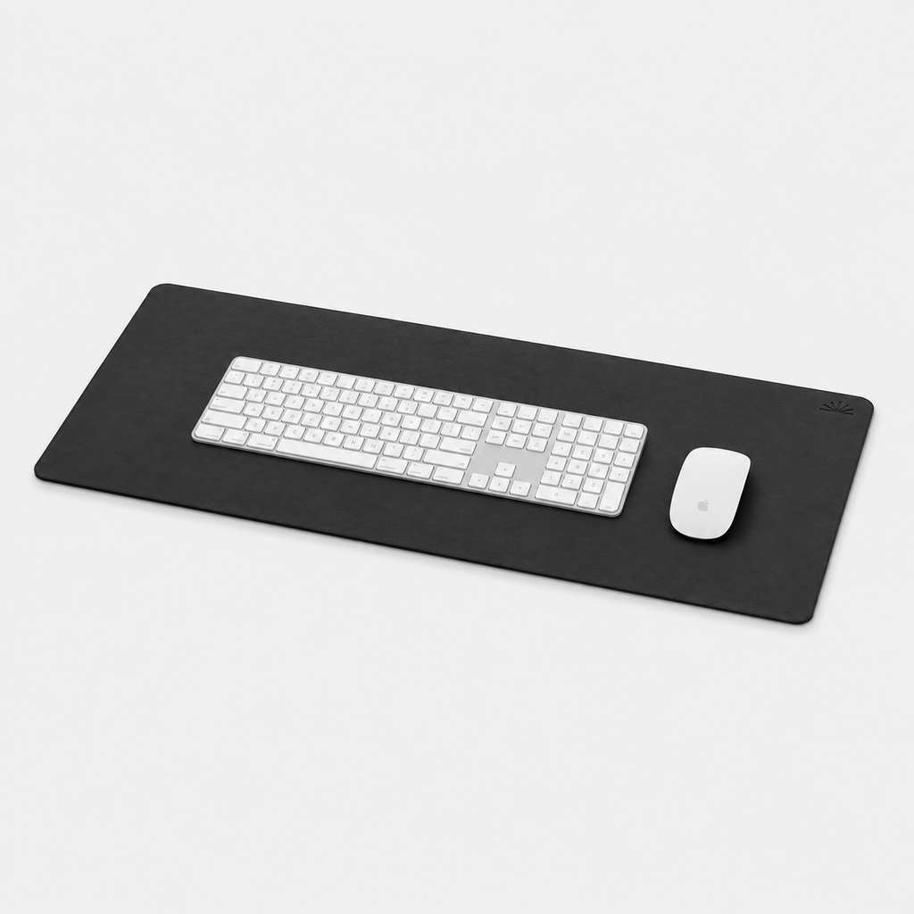 Napa Leather Desk Mat with a white keyboard and mouse, angled view