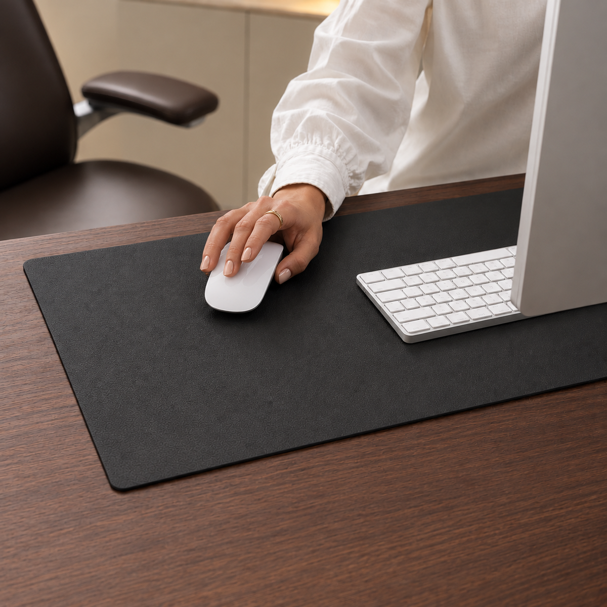 Napa Leather Desk Mat in use with a white mouse and keyboard