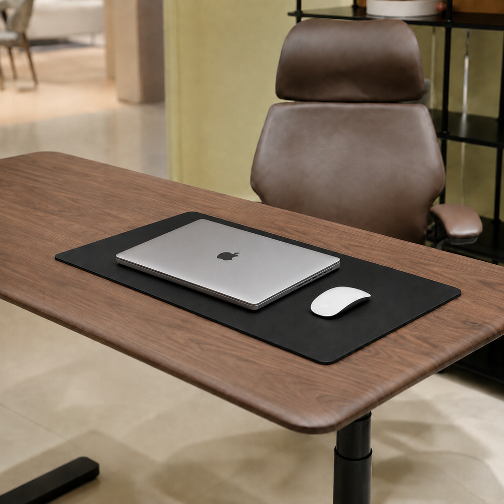 Napa Leather Desk Mat on a walnut standing desk in a home workspace
