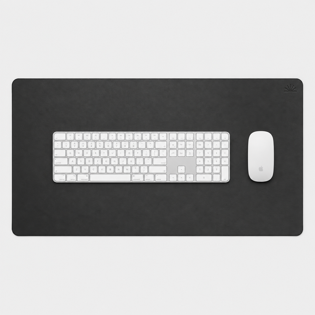 Napa Leather Desk Mat, top view with a white keyboard and mouse