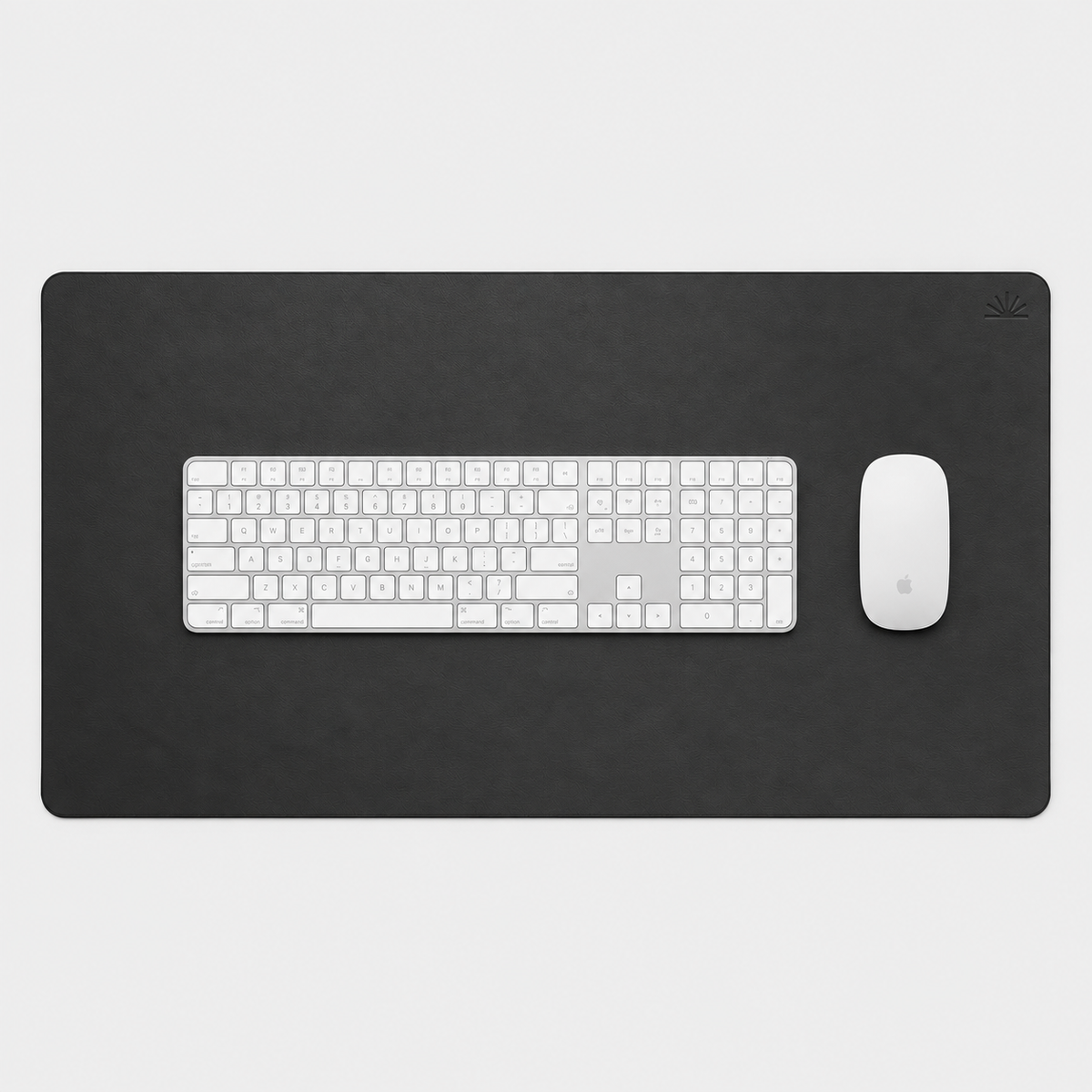 Napa Leather Desk Mat, top view with a white keyboard and mouse