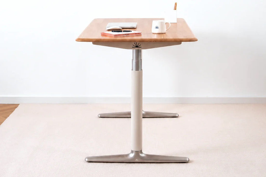 Solid white oak standing desk, front view at standing height