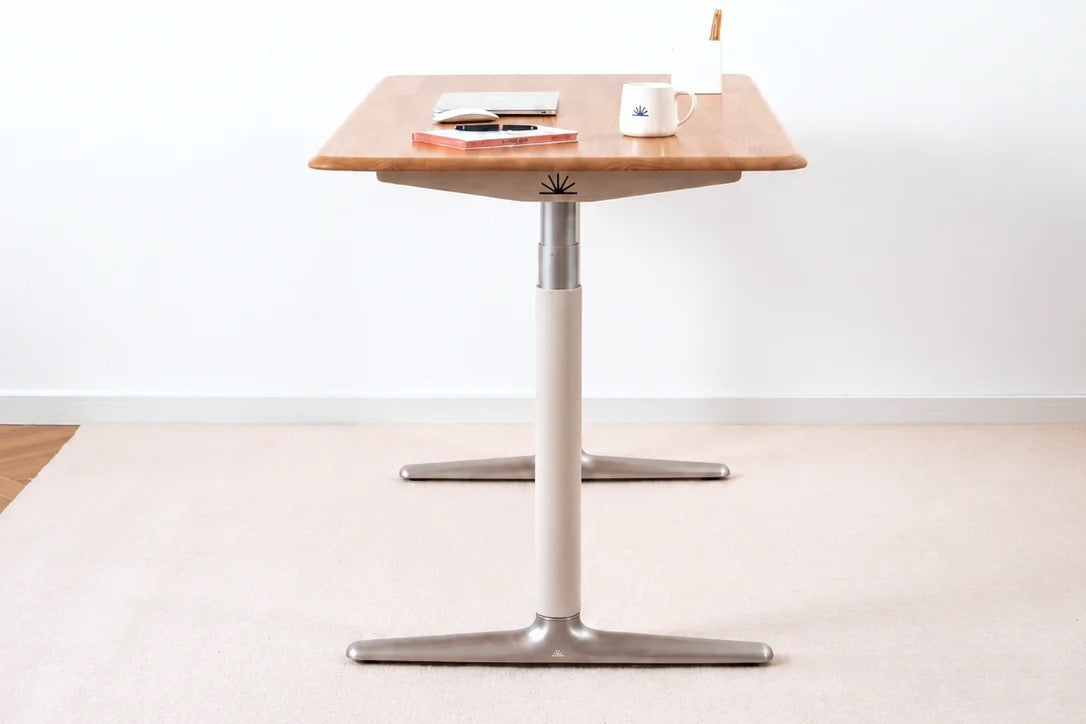 Solid white oak standing desk, front view at standing height