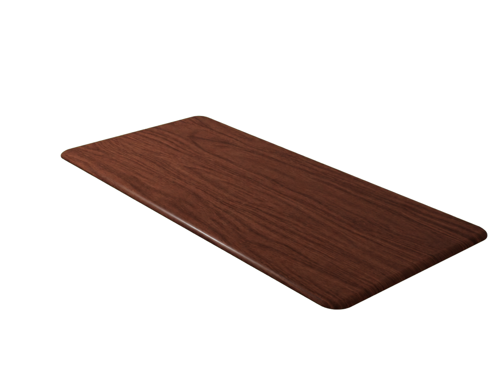 Full view of the solid black-walnut desktop, its continuous curved front edge, and rounded corners