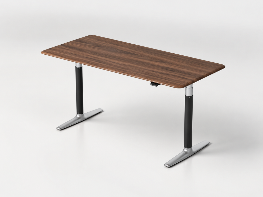 Nature Walnut Standing Desk with Black with Silver frame at seated height, three-quarter studio view