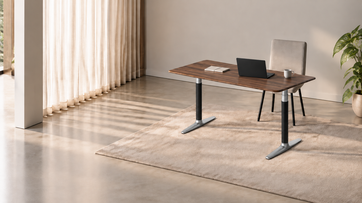 Nature Walnut Standing Desk in a sunlit home workspace