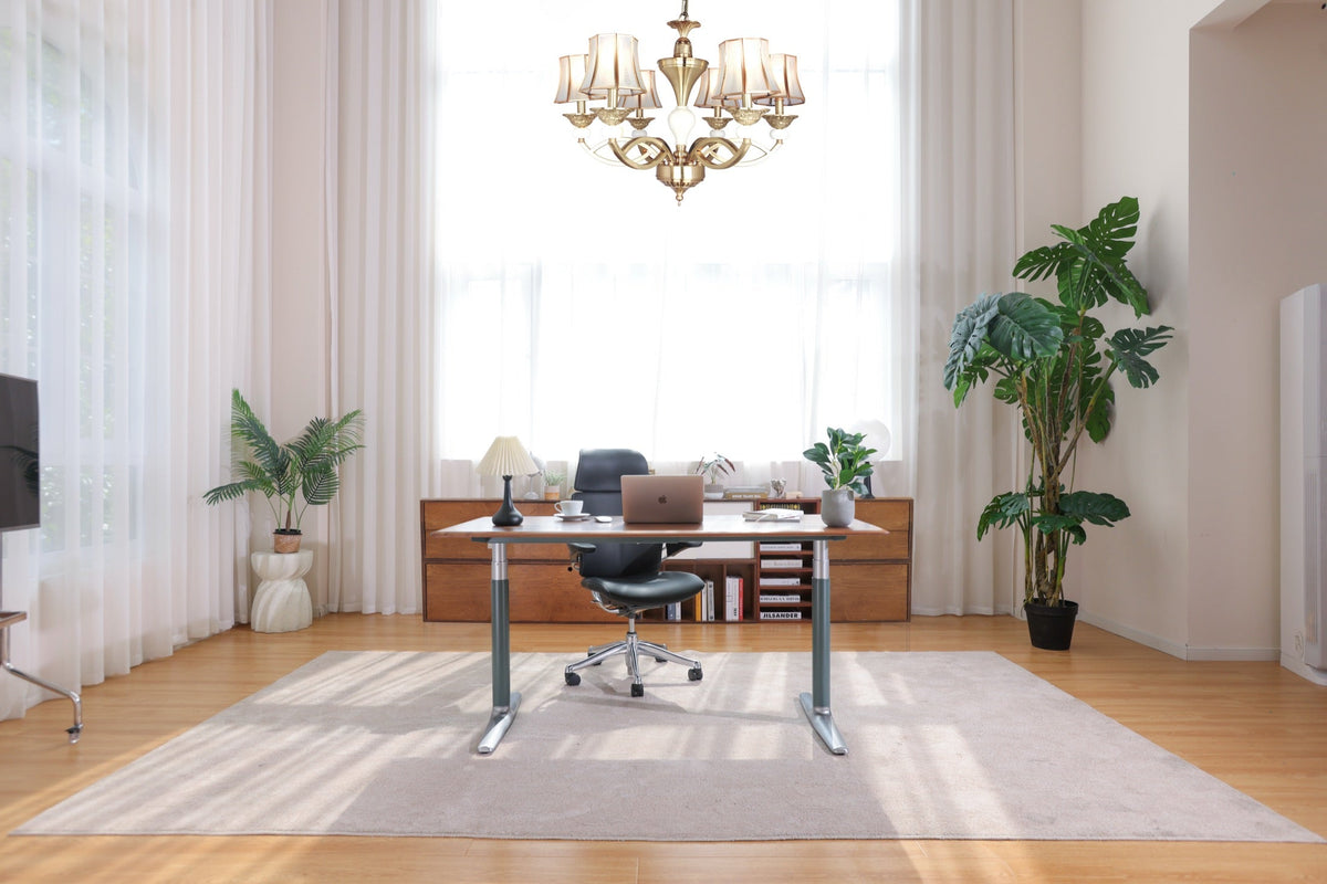 Black with Silver solid walnut desk composed within a bright home office