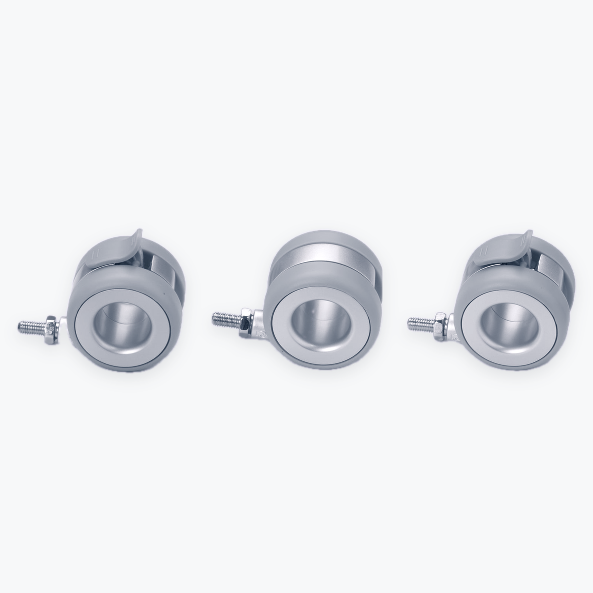 Three views of the matte-silver Standing Desk Casters