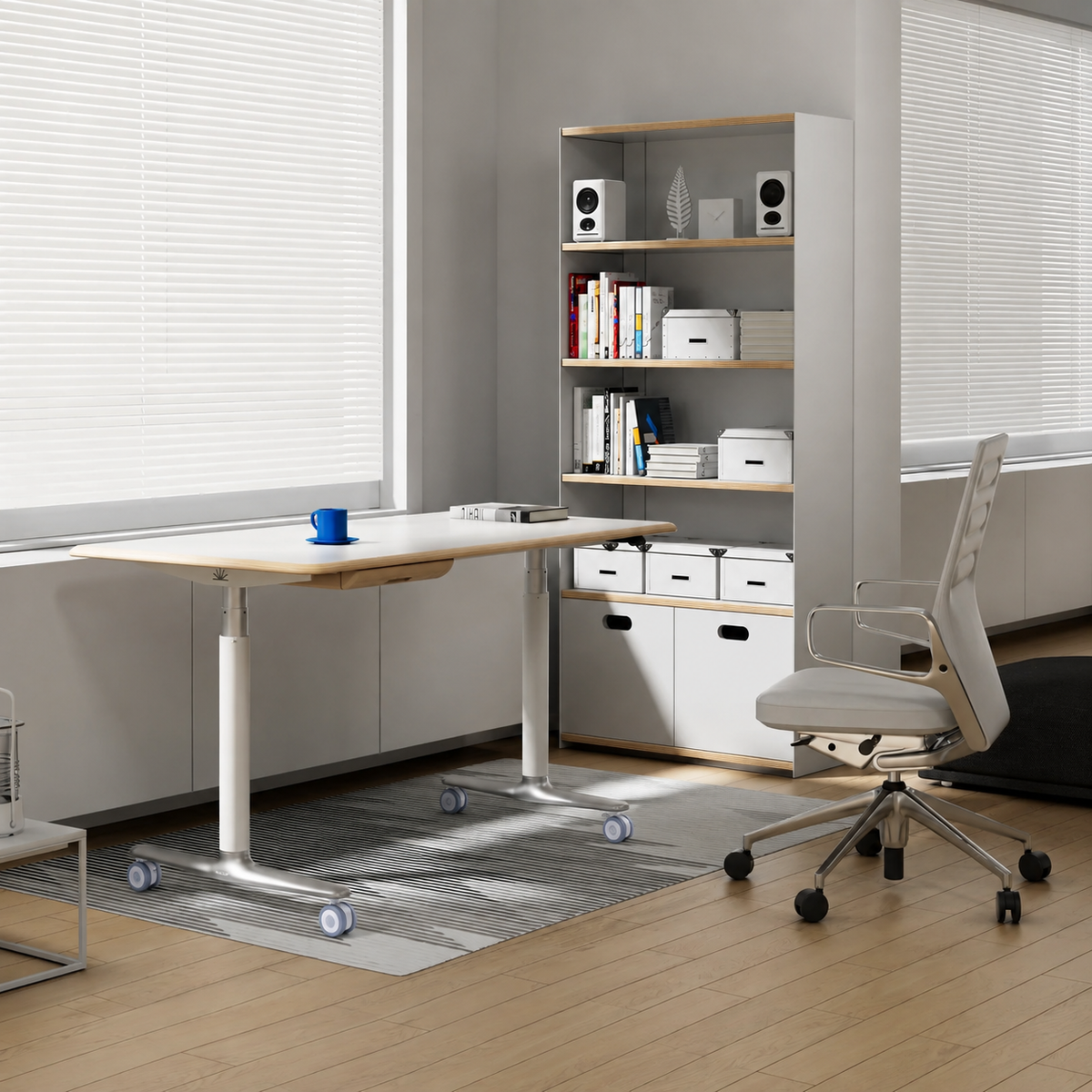 Standing desk fitted with matte-silver casters in a home office