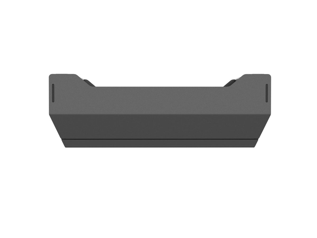 Rear profile of the black metal cable management box showing its full width