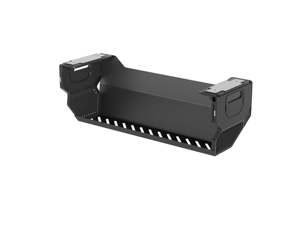 Open black cable management box showing its slotted base and vented end construction