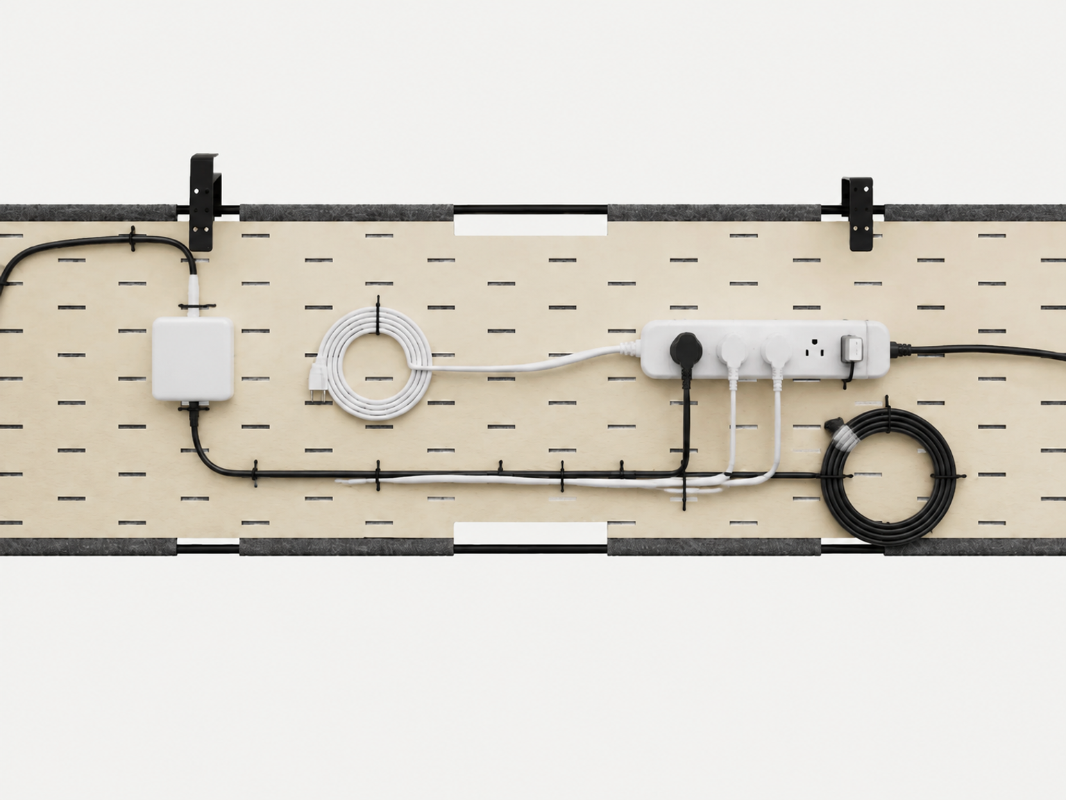 Felt panel routing grid organizing cables and power