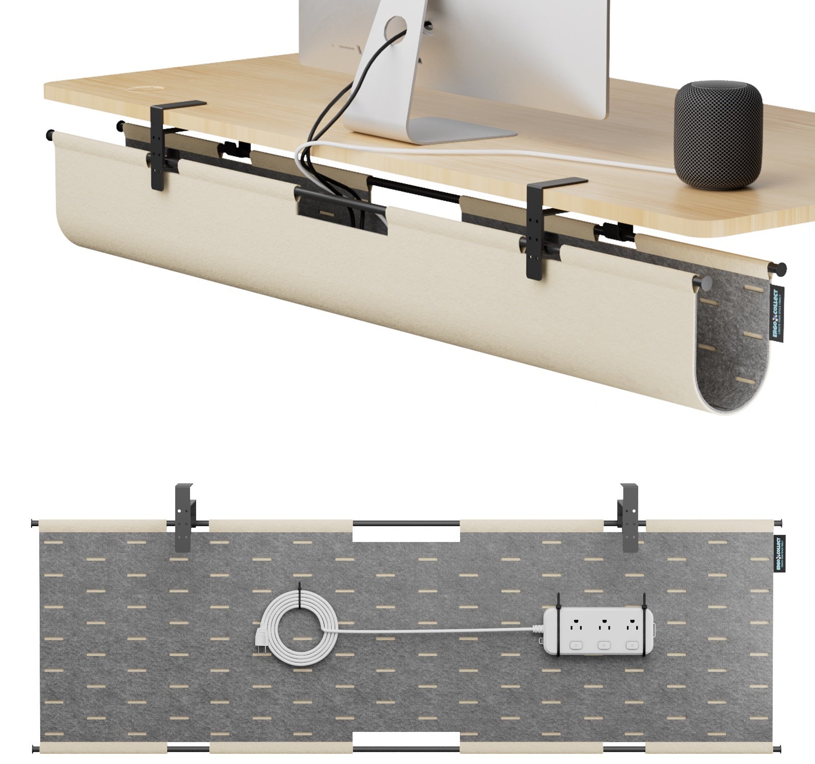 Felt cable management panel showing its smooth face, routing slots, and metal frame