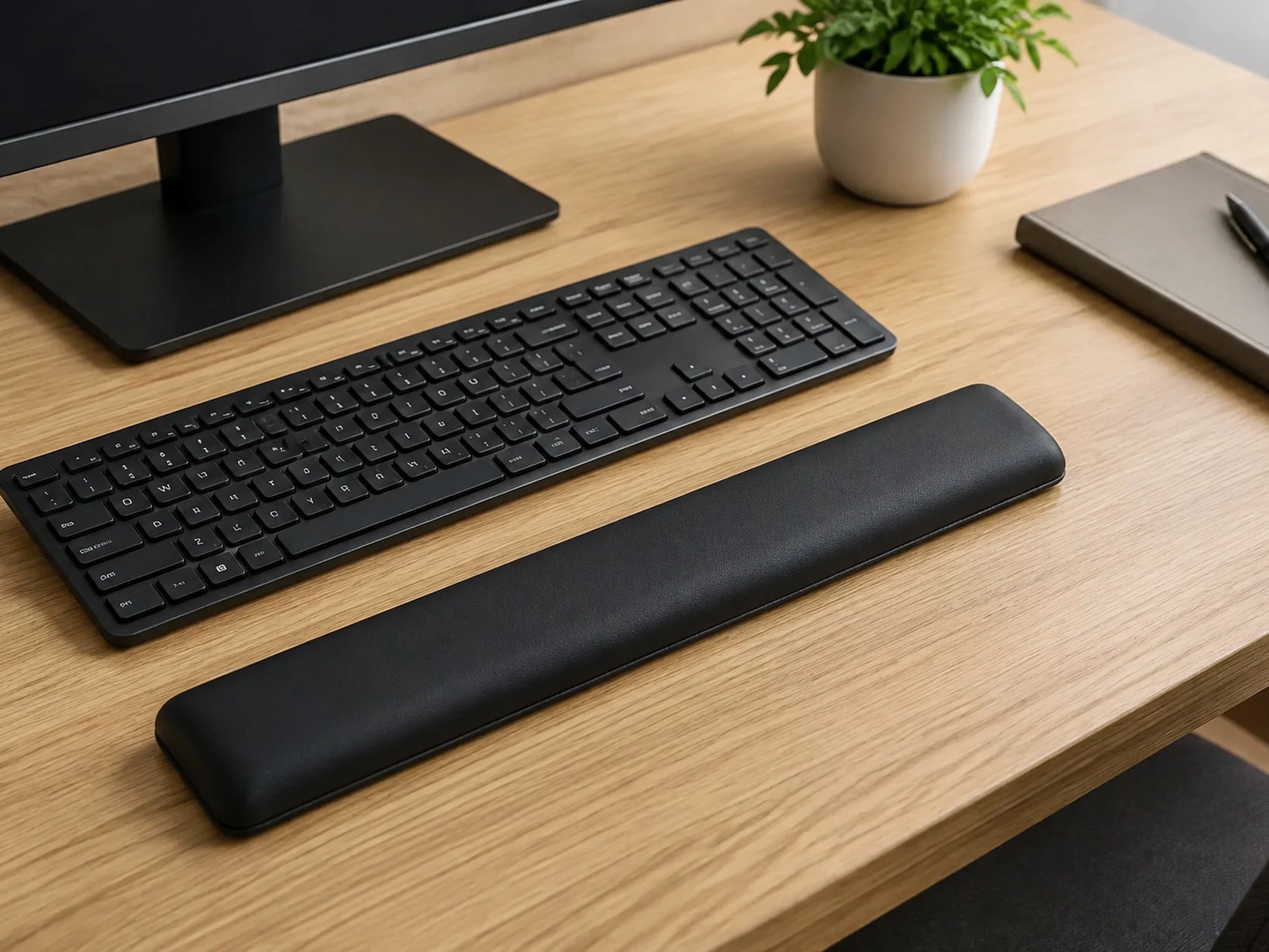 Black keyboard wrist rest placed in front of a keyboard on a styled office desk