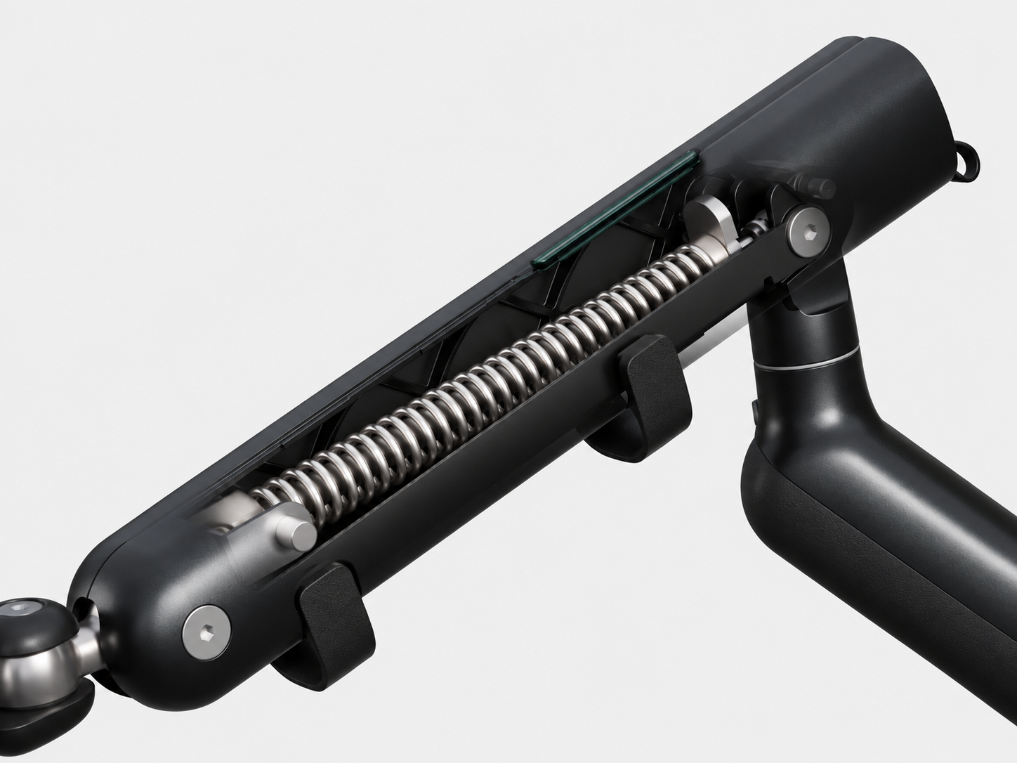 Close view of the exposed spring mechanism inside the M2 arm