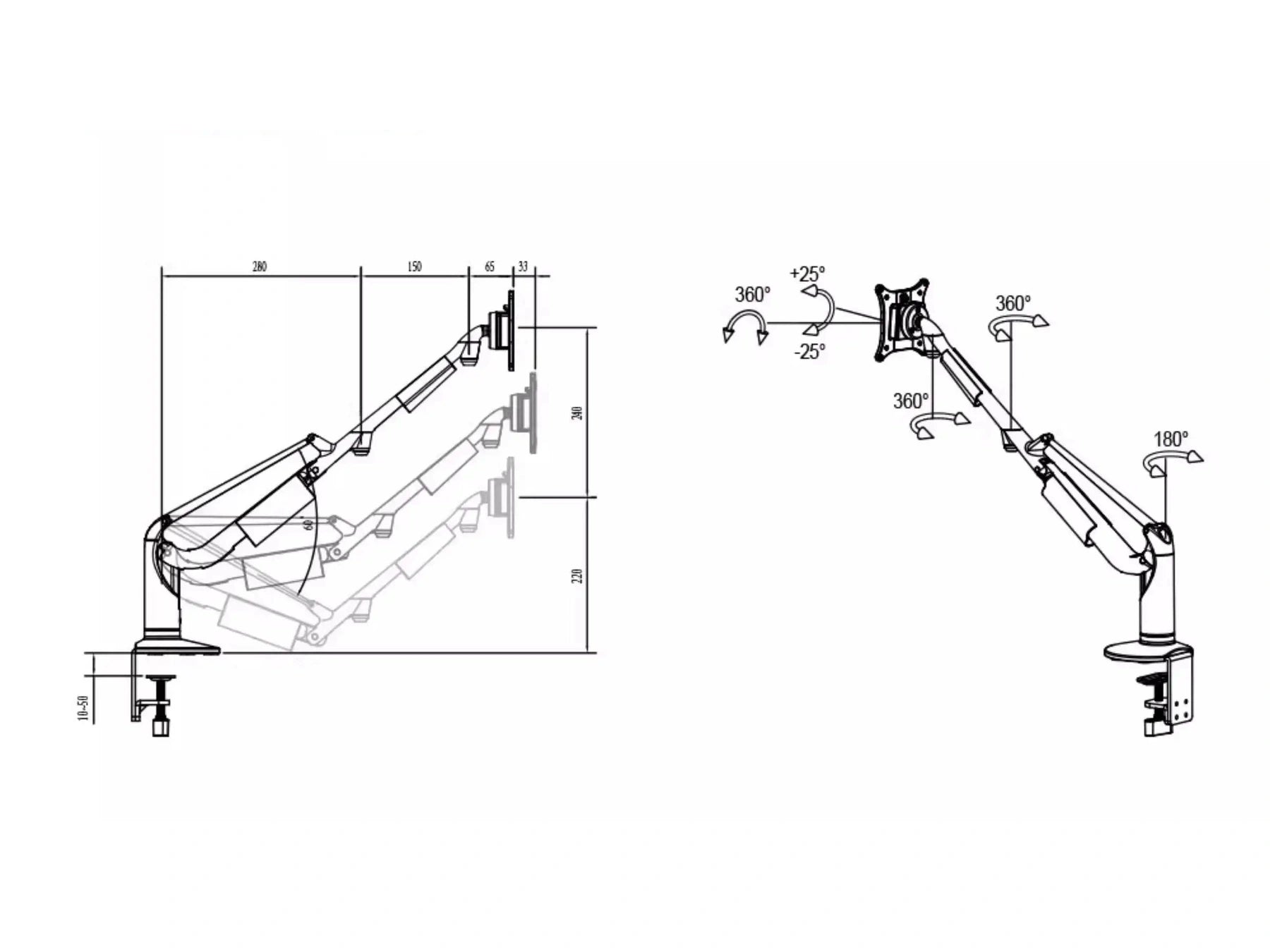 Technical product drawing showing the monitor arm dimensions, movement positions, tilt, rotation, and desk-clamp range