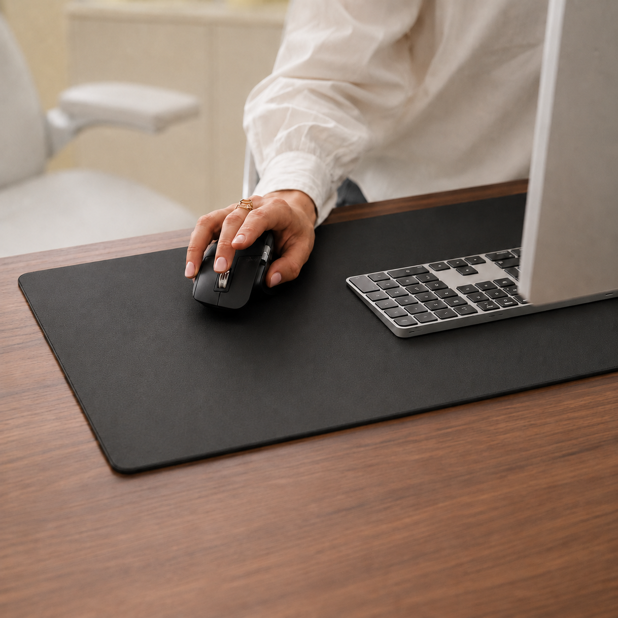 Large Charcoal Black Napa desk mat in use with a keyboard and mouse