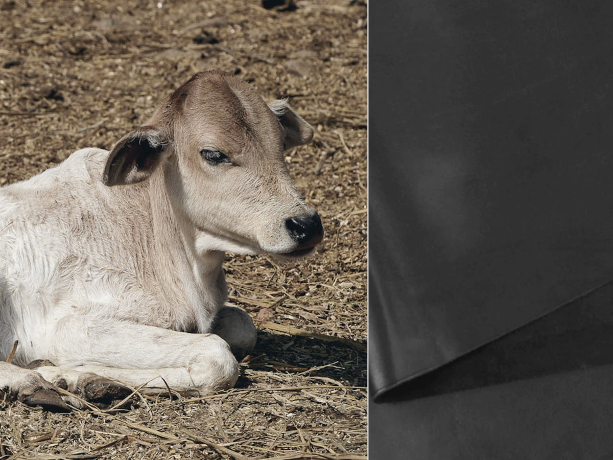 Calf beside a close view of Charcoal Black full-grain leather