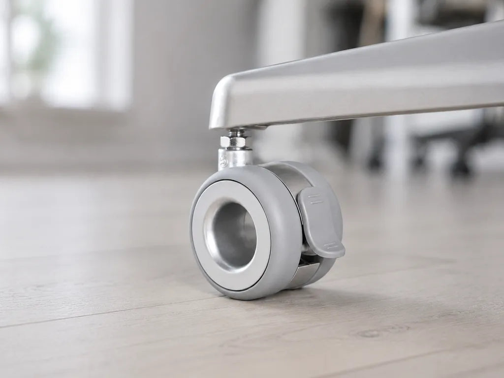 Standing Desk Caster installed beneath a matte-silver desk foot on a pale hard floor